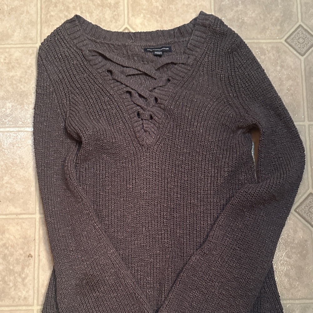 American Eagle Outfitters Dark Gray Lace-Up V-Neck Sweater
